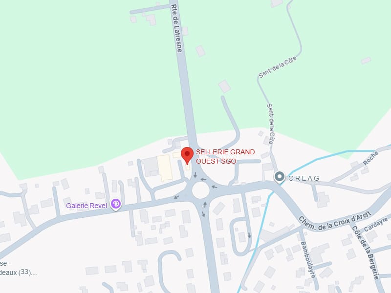 Sellerie Grand Ouest SGO : Itinéraire et plan à Latresne Carte de l'emplacement de Sellerie Grand Ouest SGO à Latresne avec Galerie Revel et OREAG à proximité.